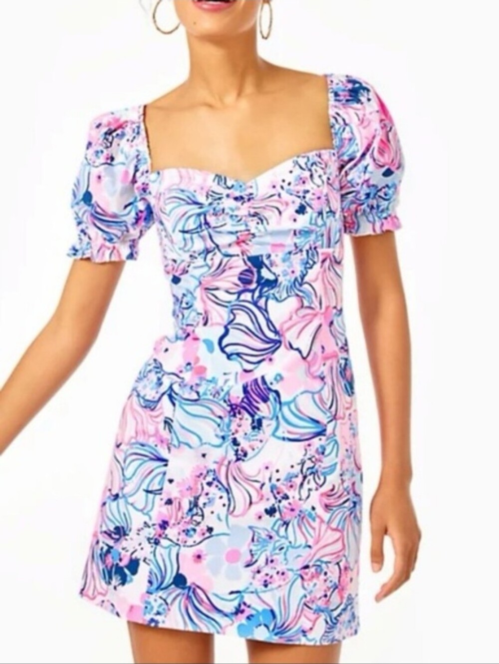 Lilly Pulitzer Pink & Blue Floral Puff-Sleeve Mini Dress EUC 8IN